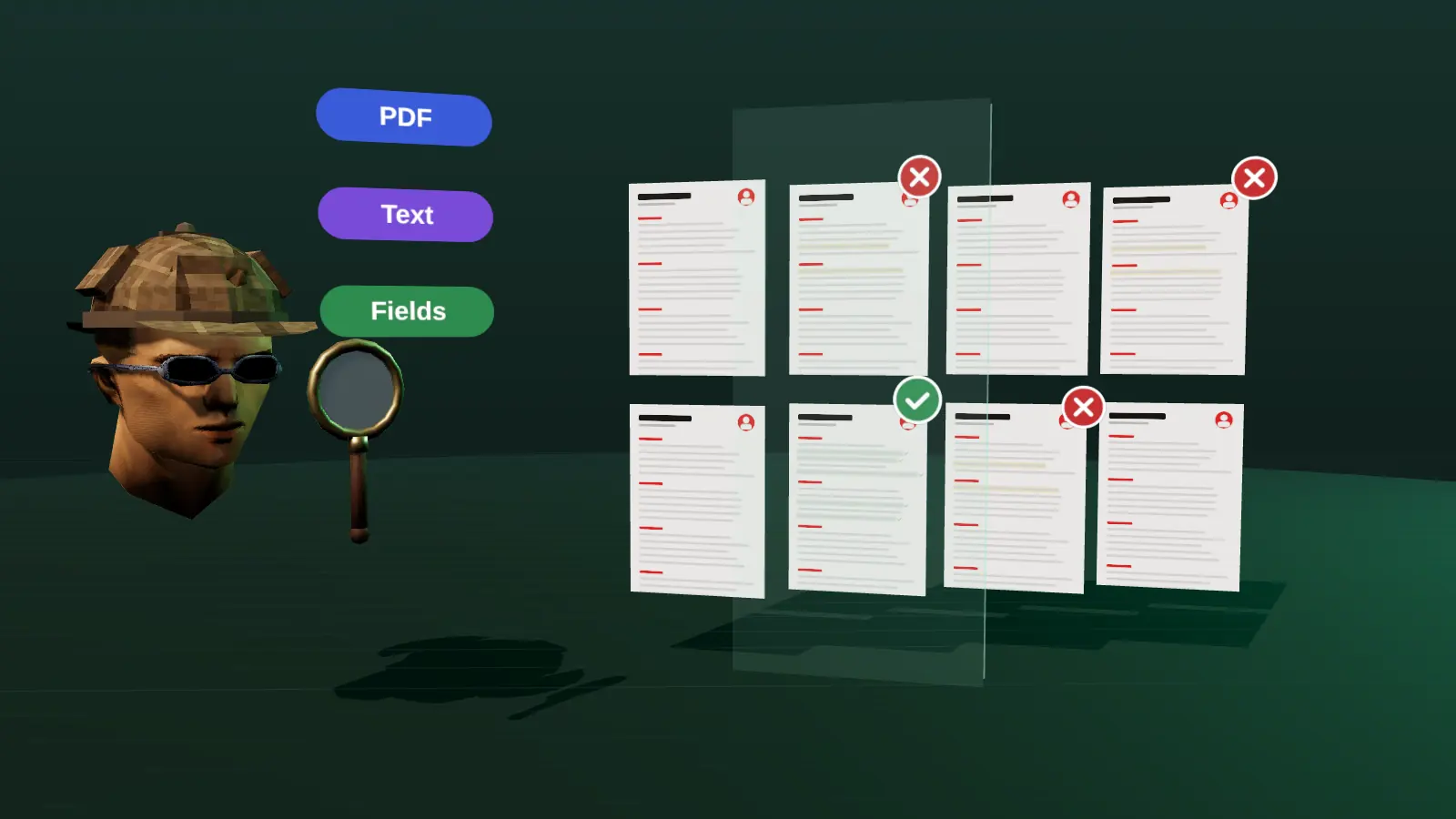 A detective head with a magnifier over a wall of resumes with ticks and crosses