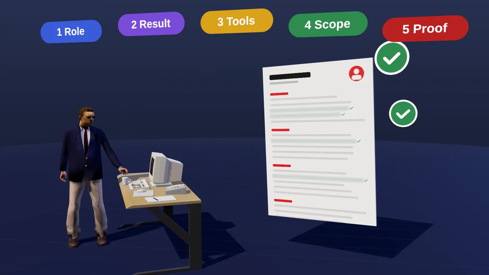 A person at a desk with a resume and five numbered steps