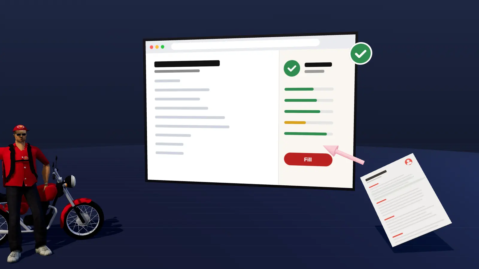 A browser window with a robot helper filling fields and a confirm button