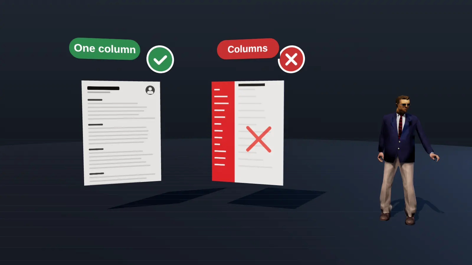 A clean one-column resume with a tick beside a broken two-column layout with a cross