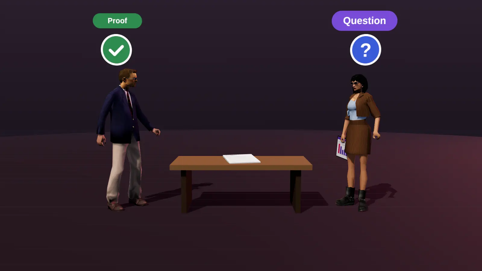 Two people at a table with a question mark and a tick above them