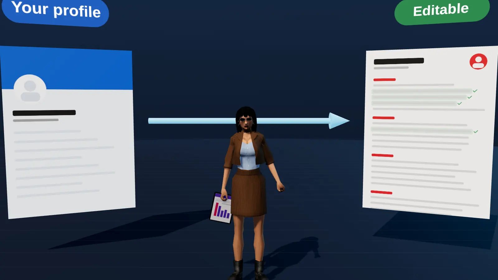 A LinkedIn-style profile card flowing into a resume editor