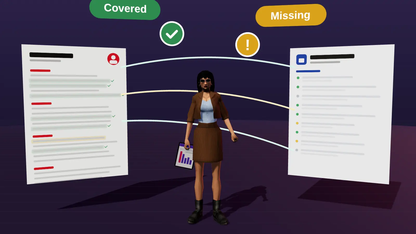 A detective scanning a resume against a vacancy with ticks and crosses