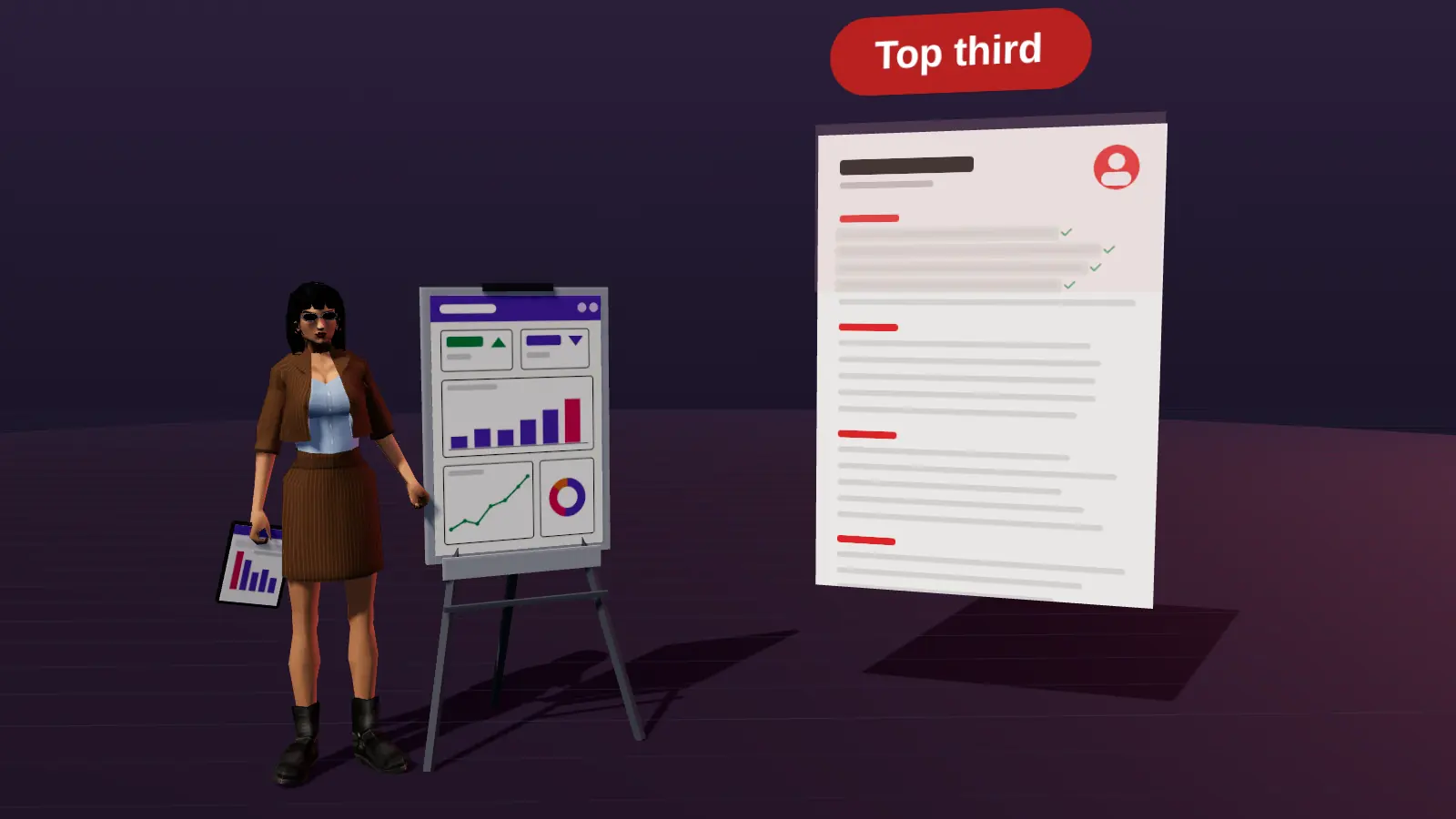 A presenter at a chart board next to a resume whose top third is highlighted