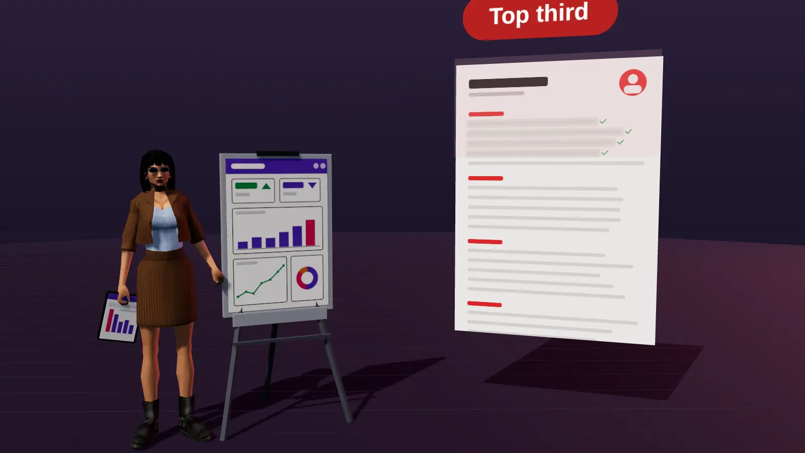 A presenter next to a resume with a highlighted top third