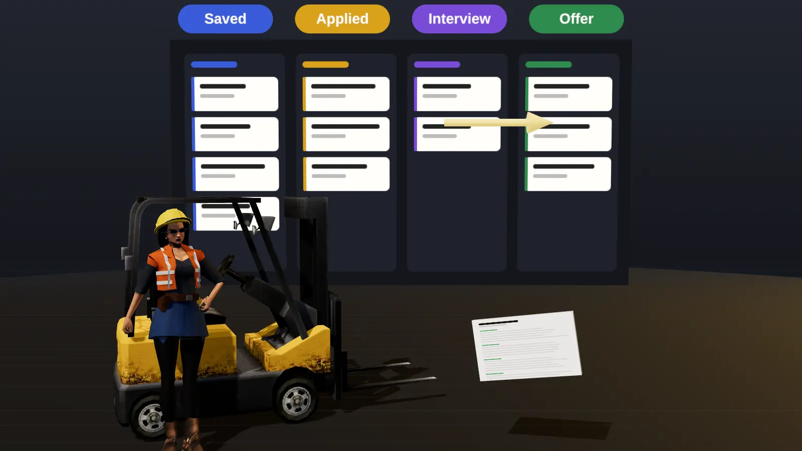 A kanban board with a forklift lifting a card