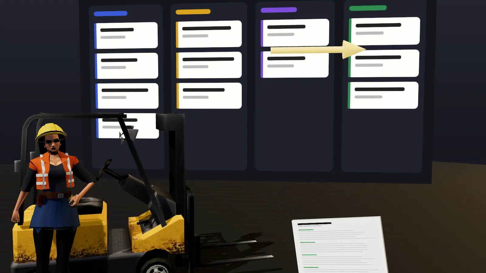 A kanban board with columns and a forklift lifting a card